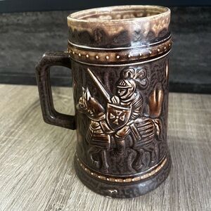 Vintage Leuco Japan Knight Beer Stein Mug Brown Drip Glaze Medieval Tankard 6”H
